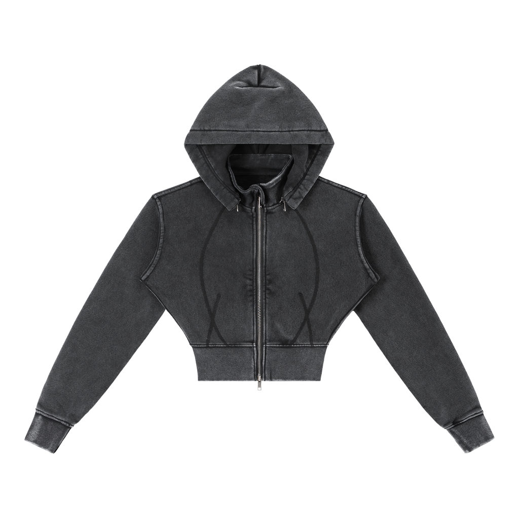 FLEECE CROPPED HOODIE DOUBLE ZIP