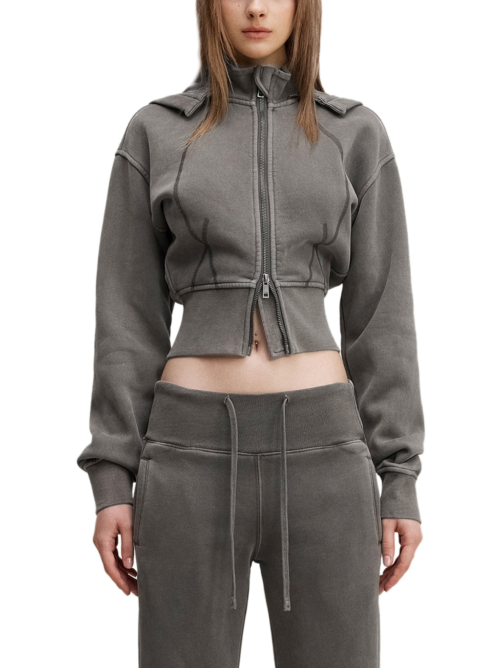 FLEECE CROPPED HOODIE DOUBLE ZIP