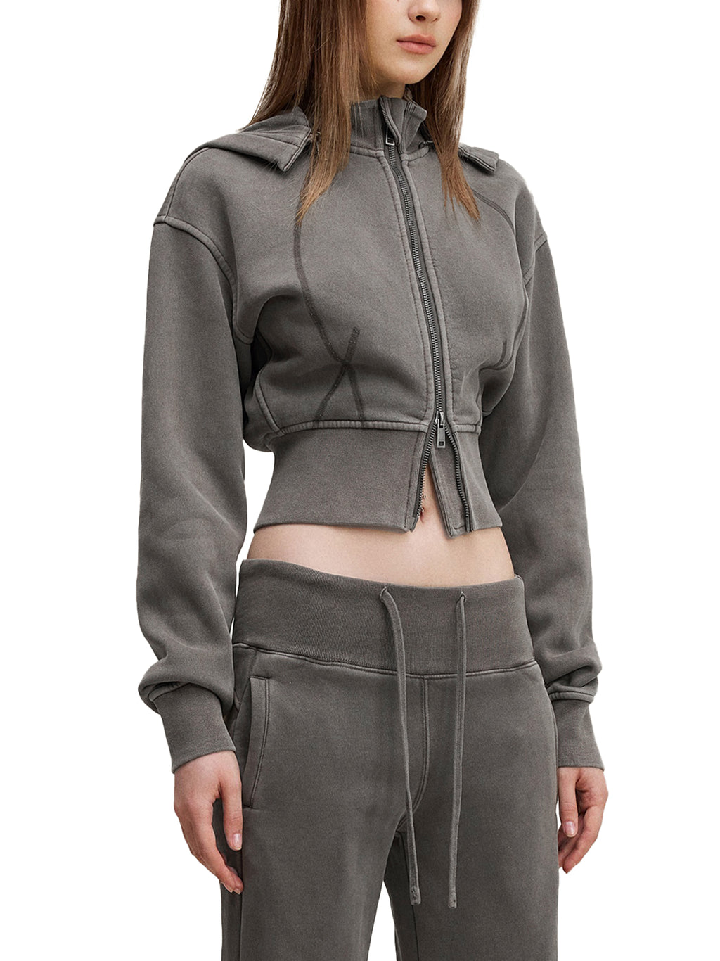 FLEECE CROPPED HOODIE DOUBLE ZIP